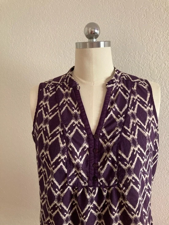 St. John's Bay Purple and Cream Ikat Split-Neck Sleeveless Top - Picture 2 of 9